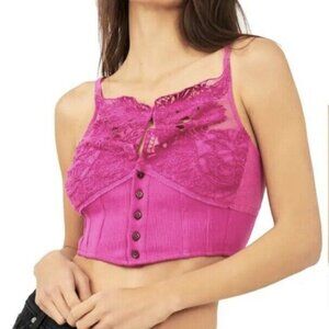 Free People Have My Heart Lace Tank Cotton Crop Top Pink Purple Buttons Summer